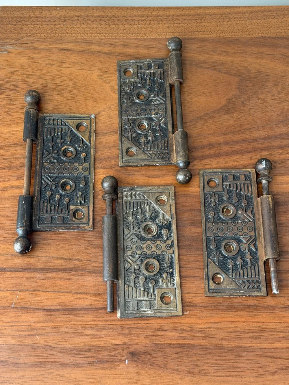 VTG Eastlake Ornate Cast Iron Hinges Pair w/ Ball Finial Pins Victorian Hardware